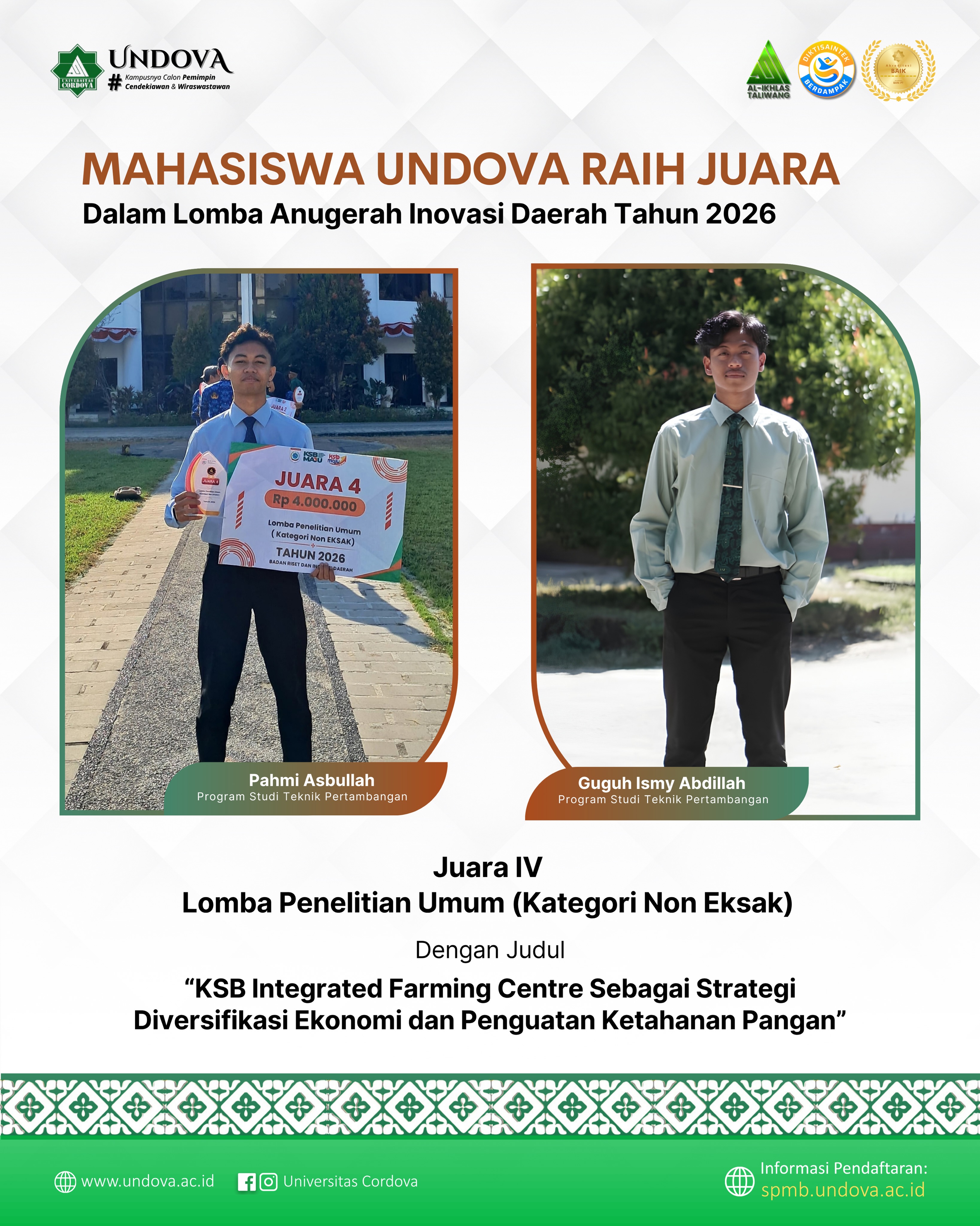 MAHASISWA UNDOVA RAIH JUARA IV LOMBA PENELITIAN KABUPATEN SUMBAWA BARAT TAHUN 2026