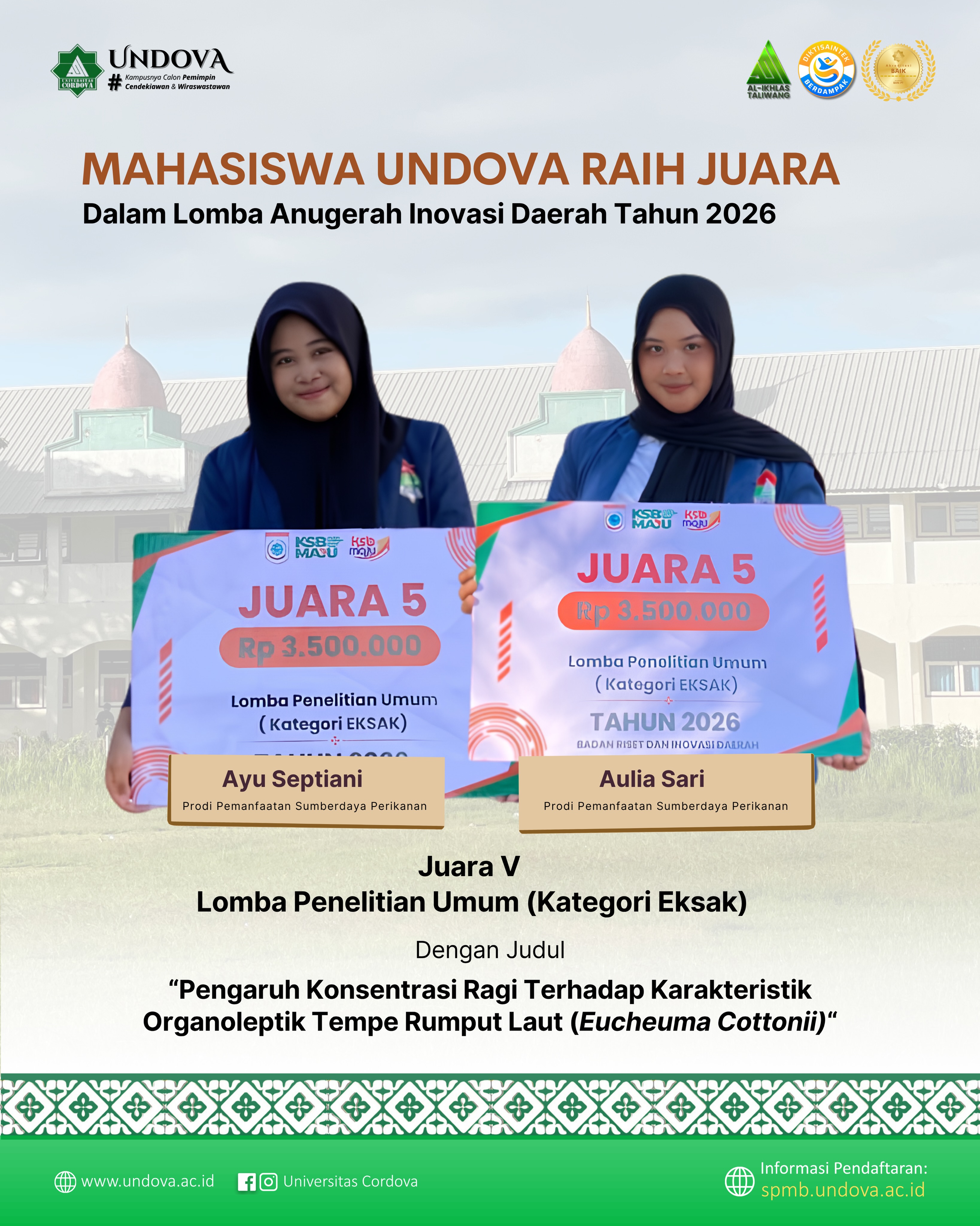 Dua mahasiswa Program Studi Pemanfaatan Sumberdaya Perikanan, Ayu Septiani dan Aulia Sari, berhasil meraih…